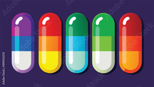 A collection of colorful pills arranged on a white background, showcasing various shapes and sizes..eps