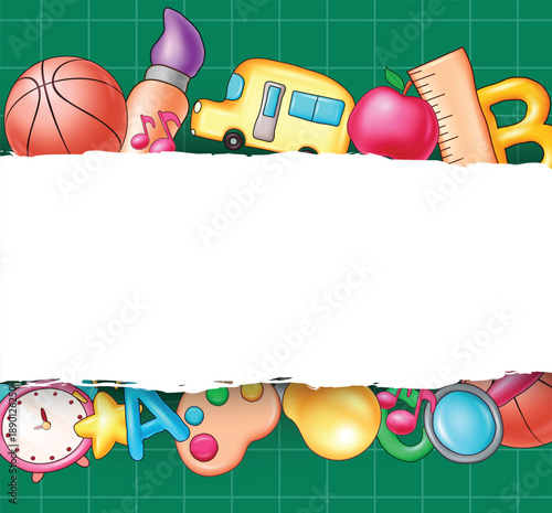 A creative set featuring a vibrant school supply border with a ripped paper text area and two seamless chalkboard doodle patterns. Perfect for educational announcements and classroom décor.