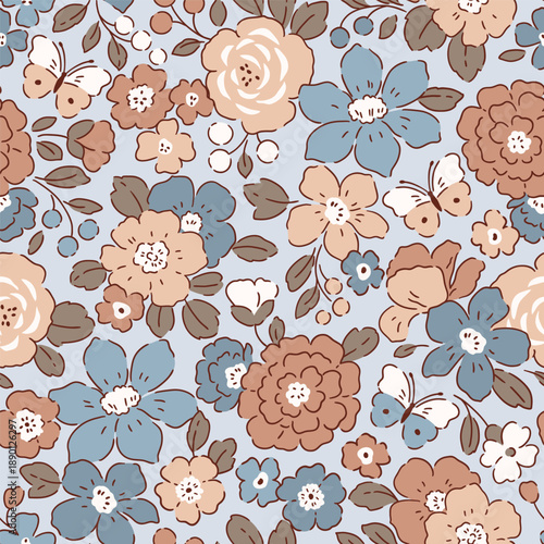 Seamless vector pattern with romantic summer flowers. Hand drawn floral design on isolated background. Perfect for textile, wallpaper or nursery print design. 