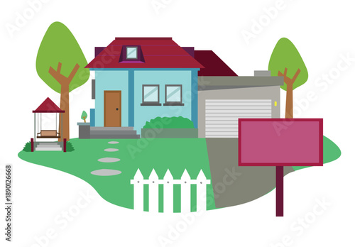 House with a signboard for sale or rental. Editable Clip Art.
