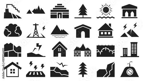 Set of vector icons representing various earthquake-related symbols and concepts..eps
