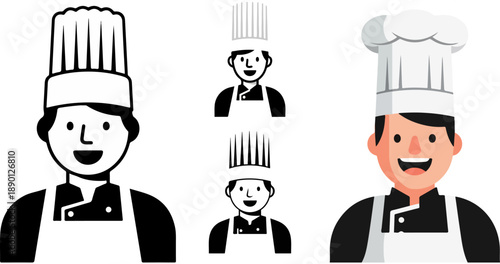 A cheerful male professional chef wearing a tall toque and classic black uniform smiles brightly showcasing culinary expertise and hospitality service in a digital illustration.