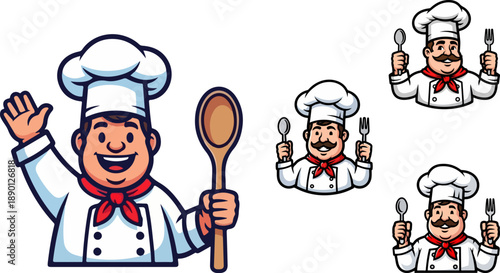 Friendly cartoon chef character set wearing a traditional white uniform and toque holding various utensils presents a welcoming culinary illustration collection for food branding.