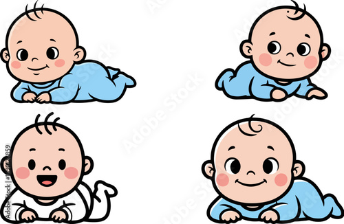 Collection of four adorable cartoon babies wearing blue and white onesies playfully lying on their tummies in different sweet poses.