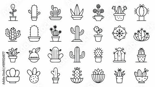 Collection of simple line icons representing different cactus species, arranged neatly on a light background..eps