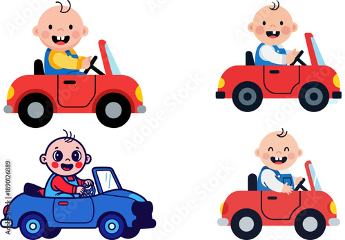 Collection of four adorable cartoon babies happily driving small colorful convertible toy cars demonstrating childhood fun and playful transportation activities.