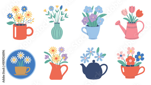 Vibrant floral arrangements in colorful mugs vases teacups teapots displayed in grid