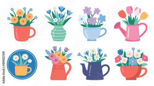 Vibrant floral arrangements in colorful mugs, vases, and teacups displayed in a 2x4 grid, showcasing playful flat illustrations.