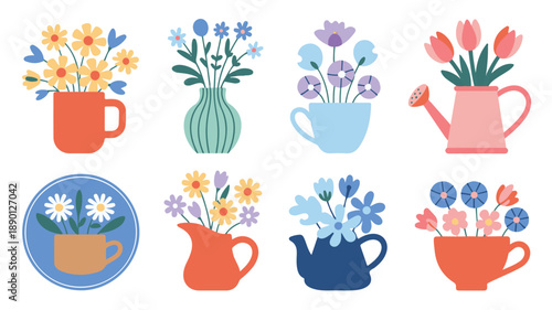 Colorful flower arrangements in various vases and teapots, decorative elements, home decor, flat illustrations, gardening theme