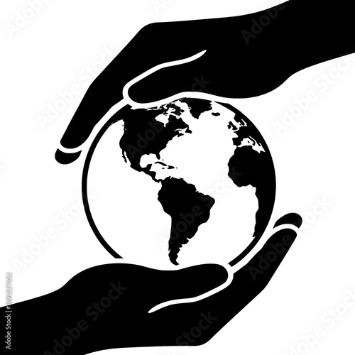 Hands clutching the earth globe icon vector, a simple black and white silhouette for protecting the environment and saving the planet