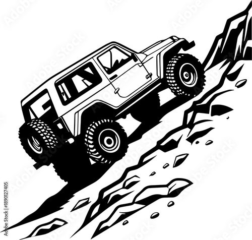 Off Road Jeep Rock Crawling Adventure Black and White Vector