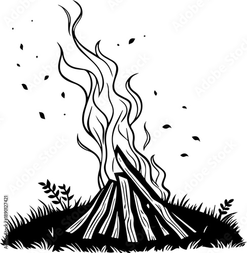 Campfire Bonfire Outdoor Fire Black and White Vector Illustration