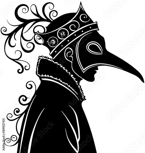 Plague Doctor Medieval Mask Silhouette Black and White Vector