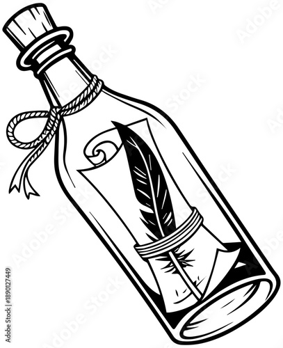 Message in a Bottle Concept Black and White Vector Illustration