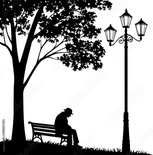 Lonely Man Sitting on Bench Park Silhouette Vector Illustration