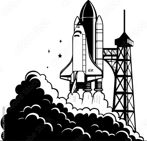 Space Shuttle Launch Rocket Black and White Vector Illustration