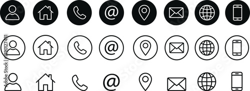Contact icon set, contact us in line and solid style. Business card or website icons set address, location, number, fax, email, phone, website, message, name icon collection, communication contact
