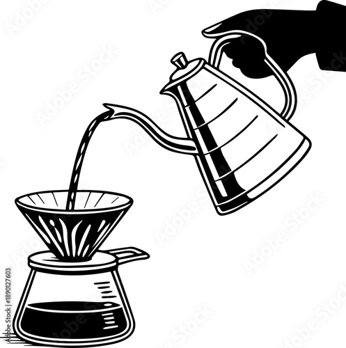 Pour Over Coffee Brewing Method Black and White Vector Illustration