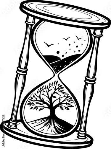 Hourglass with Tree of Life Time Concept Black and White Vector