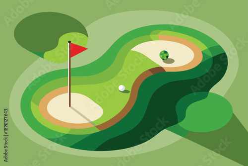 A scenic golf course featuring a putting green with a red flag and a green flag marking the holes..eps
