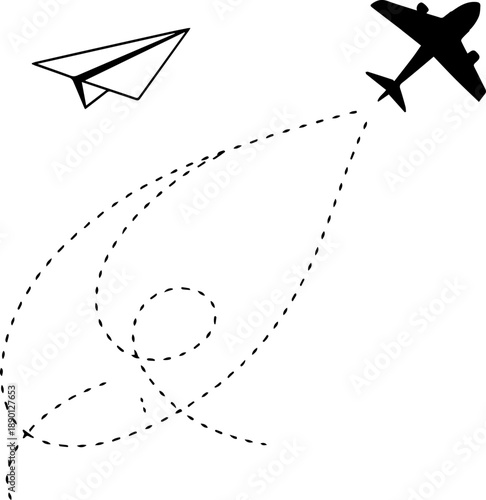 Airplane and Paper Plane Flight Path Travel Concept Vector