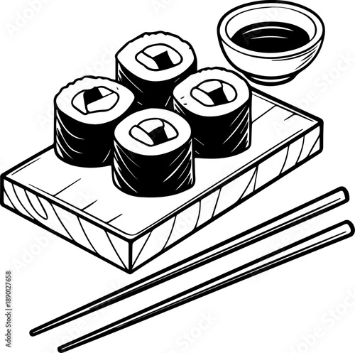 Sushi Set with Chopsticks Black and White Vector Illustration