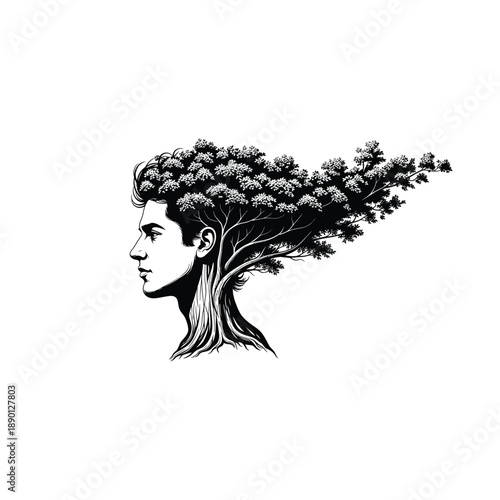 Man's head with tree growing from hair