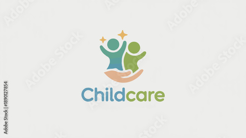 Colorful Abstract Child Care Logo Featuring Joyful Children and Guiding Hand.