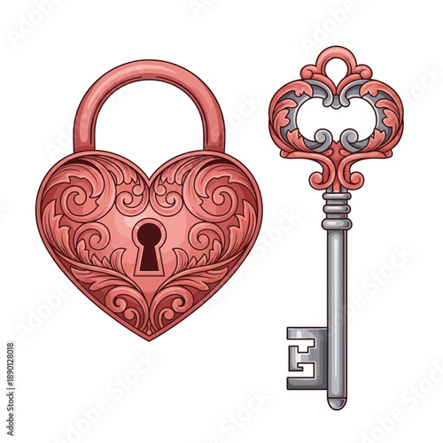An ornate vintage heart-shaped lock and a decorative antique key, symbolizing love and security