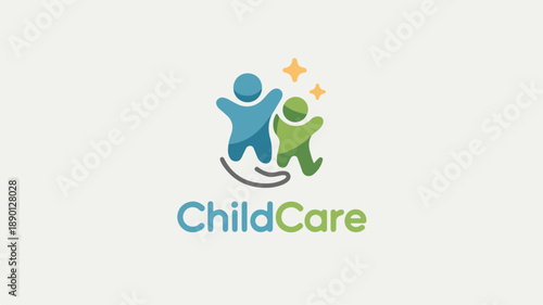 Colorful Abstract Child Care Logo Featuring Joyful Children and Guiding Hand.