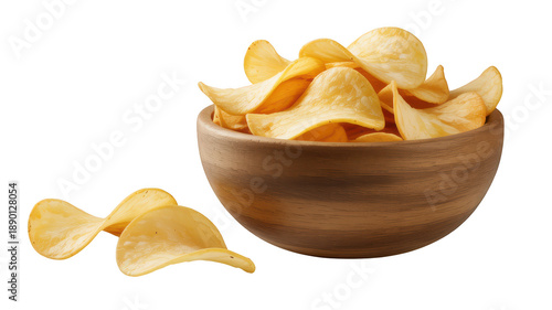 fried potato chips in a wooden bowl on white background transparent background