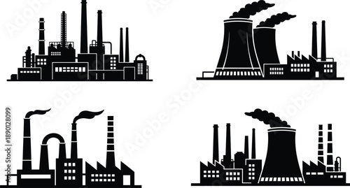 Set of industrial factory building silhouettes, power plants, and chimneys isolated on white for