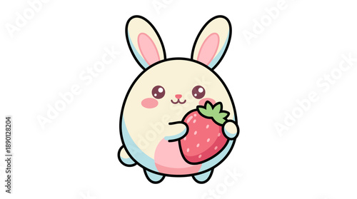 Cute cartoon rabbit holding a fresh strawberry.