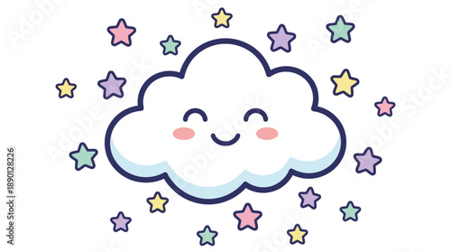 A cartoon cloud with a smiling face surrounded by colorful stars.
