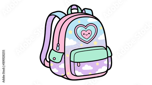 Colorful cartoon backpack with heart design and pastel colors.