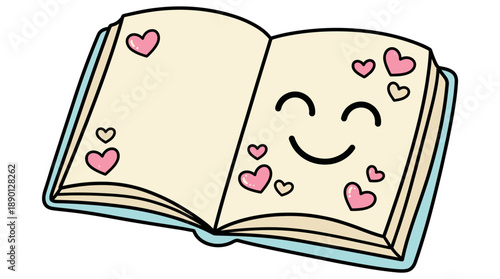 A cartoon open book with a smiling face and hearts on its pages.