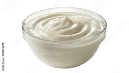Glass bowl of creamy white yogurt dessert in a clear glass bowl isolated on white transparent background