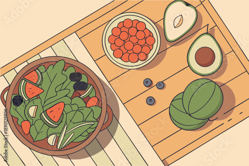 Colorful Flat Lay of a Healthy Superfood Salad with Avocado, Berries and Other Fresh Ingredients on a Wooden Surface