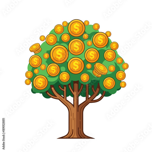 A vibrant green money tree laden with gold dollar coins, symbolizing financial growth and prosperity