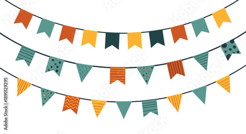 Three rows of festive bunting flags in various colors and patterns like stripes and dots hanging from thin black strings on white background.