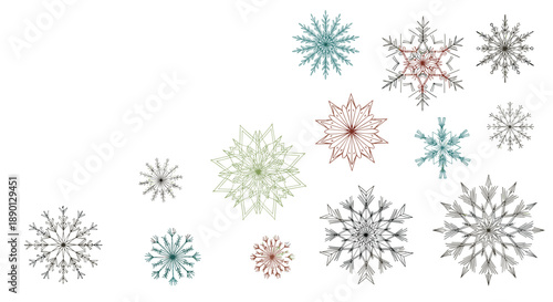 Artistic arrangement of delicate line art snowflakes in various muted colors and styles scattered on a white background for winter holidays.