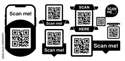Scan me the black frame set. QR code, barcode, printable scan here, sticker template. Vector illustration transparent PNG background