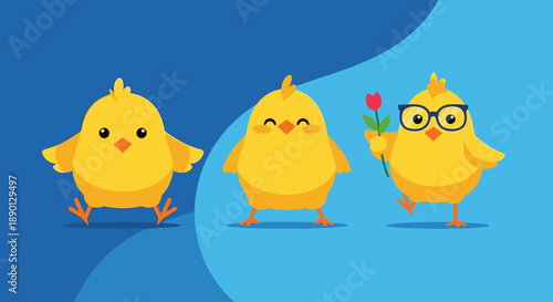 Three cute yellow baby chicks in different poses including one waving and another wearing glasses and holding a flower on a blue background.