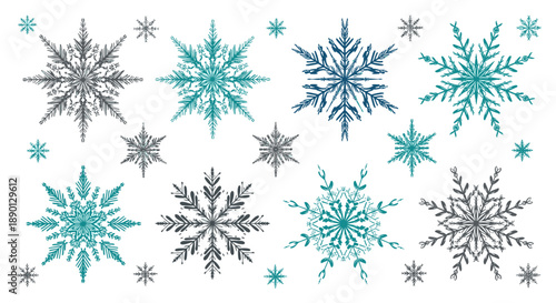 Collection of various hand drawn snowflakes in teal blue and grey colors arranged on a clean white background for winter holiday designs.