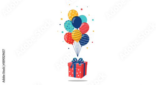 Red gift box with a blue ribbon floating through the air attached to a bundle of colorful balloons surrounded by festive confetti stars.