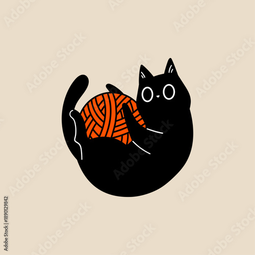 Cute Minimal Black Cat Playing With Yarn, Hand Drawn Doodle, Flat Vector Style