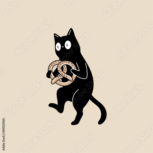 Cute Black Cat Standing With Pretzel, Minimal Hand Drawn Flat Vector