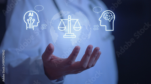 Fotografi Doctor holding virtual icons showing ai ethic risk management balance for respon