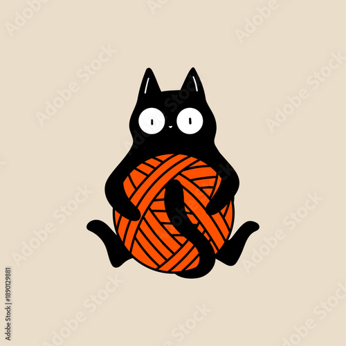 Cute Black Cat Holding Big Yarn Ball, Minimal Hand Drawn Flat Vector Style
