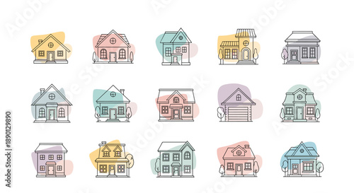 Collection of fifteen diverse house icons and residential building illustrations in a thin line style with soft pastel color backdrops.
